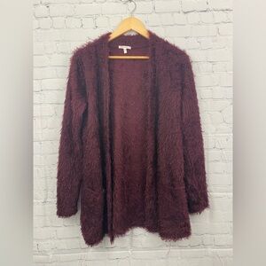 Maurices Soft Fuzzy Maroon Open Front Cardigan Womens Size Small